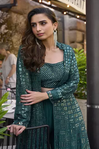 Teal green georgette embroidered western style palazzo suit