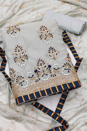grey chanderi embroidered dress material