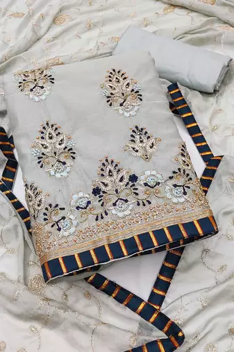grey chanderi embroidered dress material