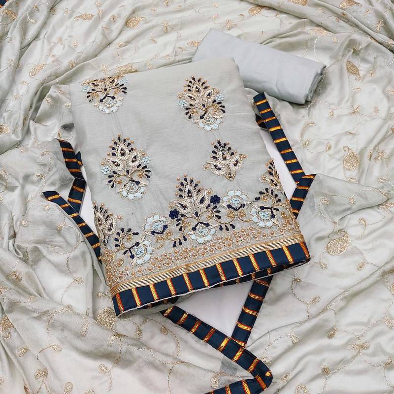grey chanderi embroidered dress material