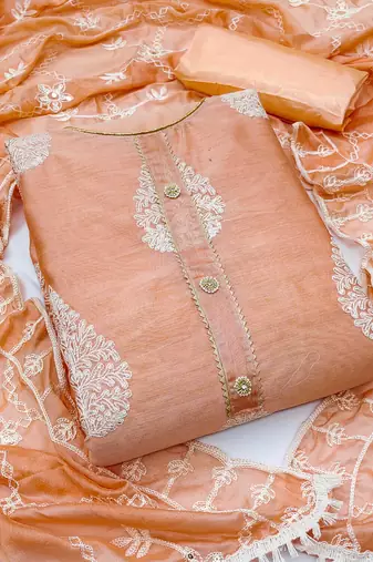 peach chanderi embroidered dress material