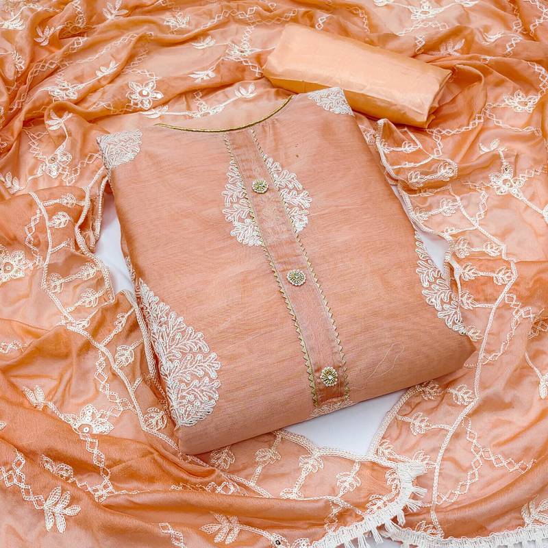peach chanderi embroidered dress material