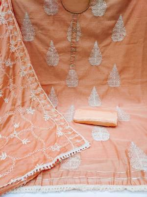 peach chanderi embroidered dress material 2