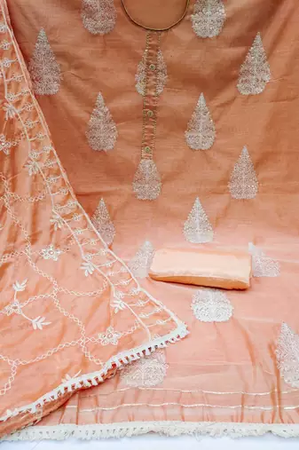 peach chanderi embroidered dress material