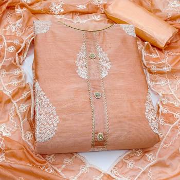 peach chanderi embroidered dress material 3