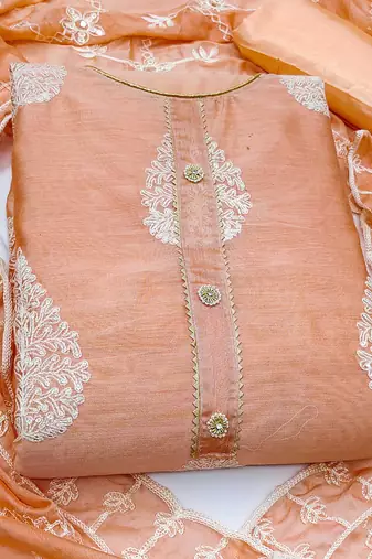 peach chanderi embroidered dress material