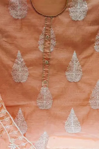 peach chanderi embroidered dress material