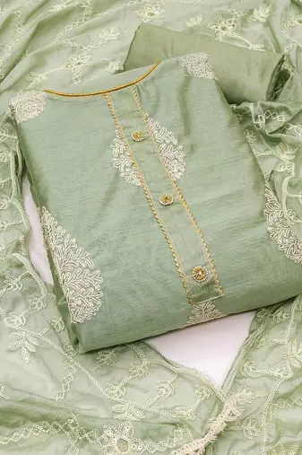 green chanderi embroidered dress material