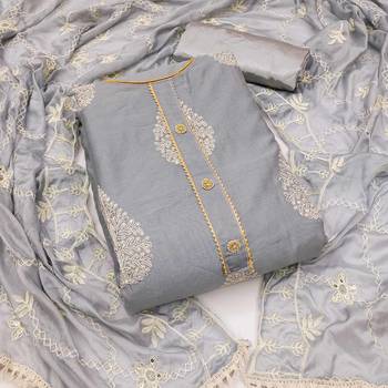 grey chanderi embroidered dress material 1