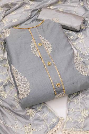 grey chanderi embroidered dress material