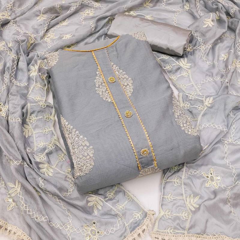 grey chanderi embroidered dress material
