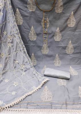 grey chanderi embroidered dress material 2