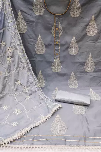 grey chanderi embroidered dress material