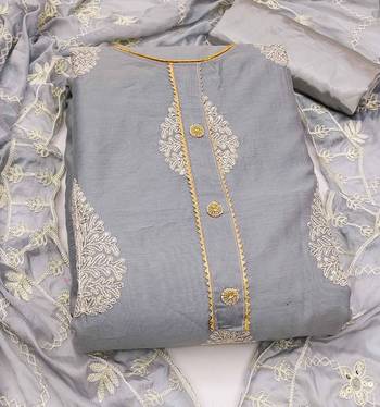 grey chanderi embroidered dress material 3