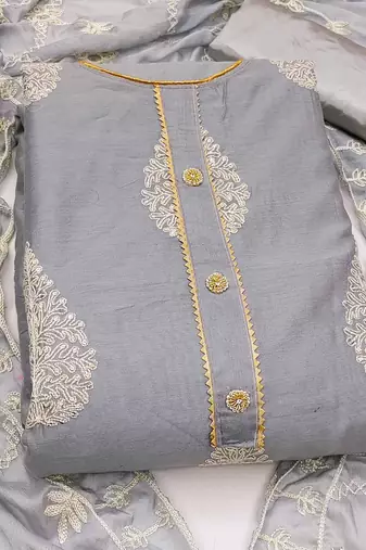 grey chanderi embroidered dress material