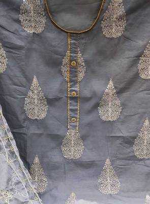 grey chanderi embroidered dress material 4