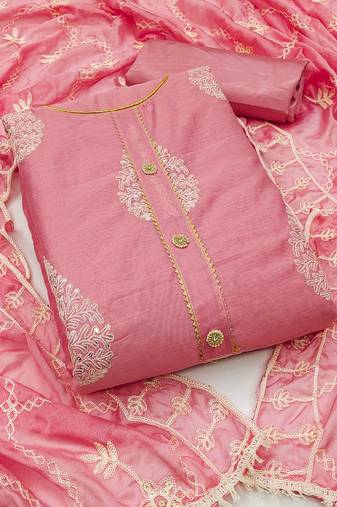 pink chanderi embroidered dress material