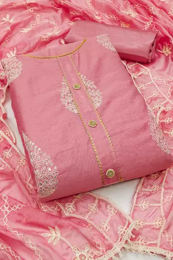 pink chanderi embroidered dress material
