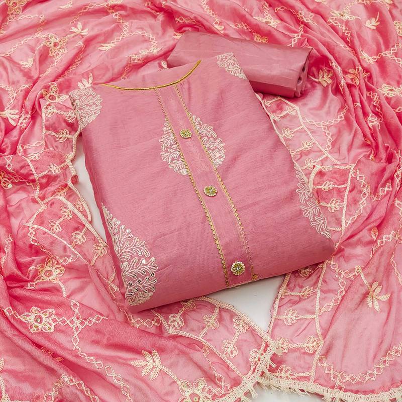 pink chanderi embroidered dress material