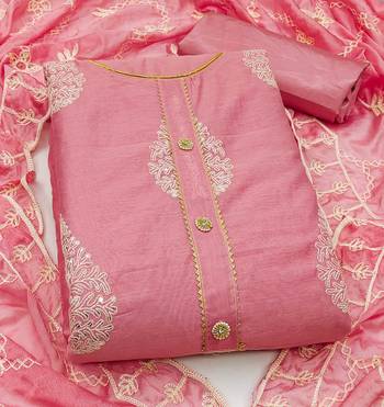 pink chanderi embroidered dress material 3