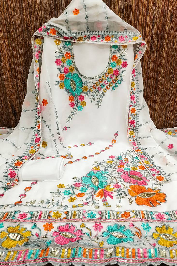 	Women White Georgette Sequin & Floral Pattern Multicolor Thread Work Kurta Bottom Dupatta Set Dress Material