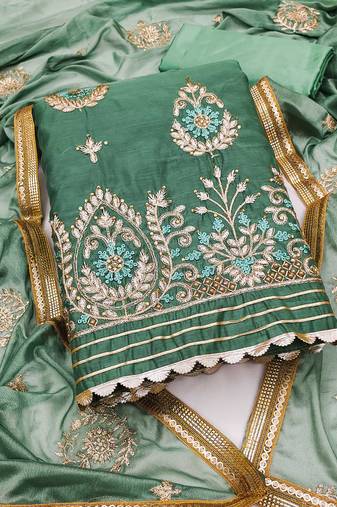 green chanderi embroidered dress material