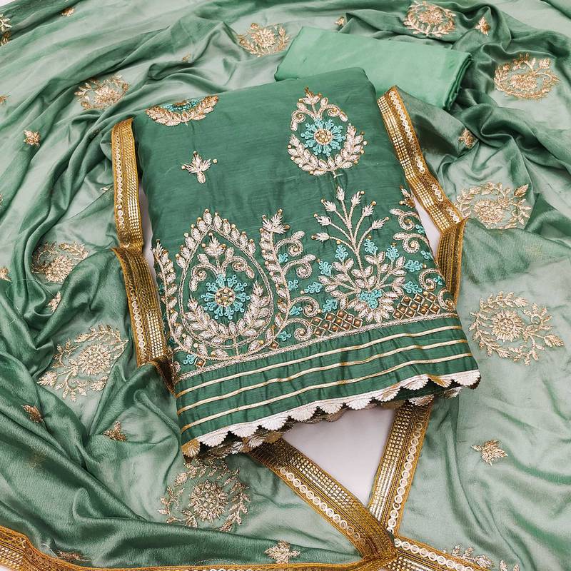 green chanderi embroidered dress material