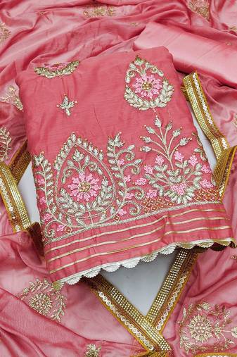 pink chanderi embroidered dress material