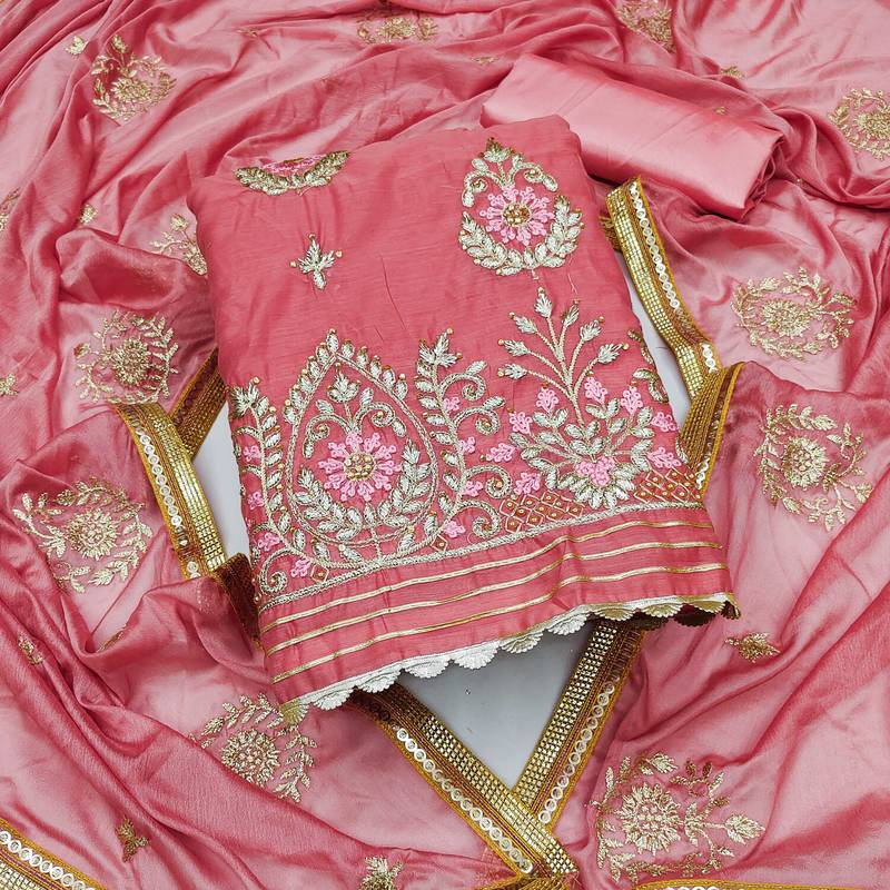 pink chanderi embroidered dress material
