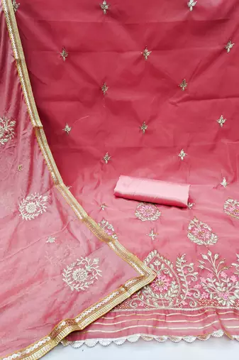 pink chanderi embroidered dress material