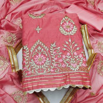 pink chanderi embroidered dress material 3