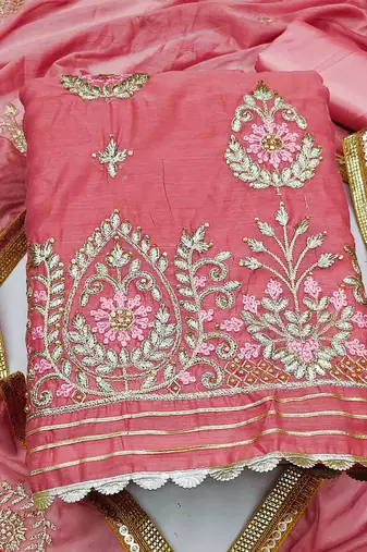 pink chanderi embroidered dress material