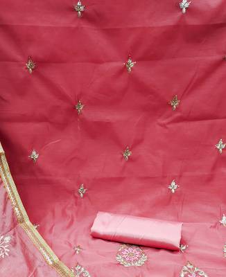 pink chanderi embroidered dress material 4