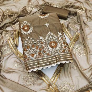 beige chanderi embroidered dress material 1