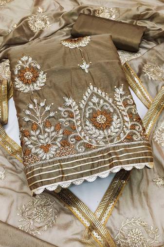 beige chanderi embroidered dress material