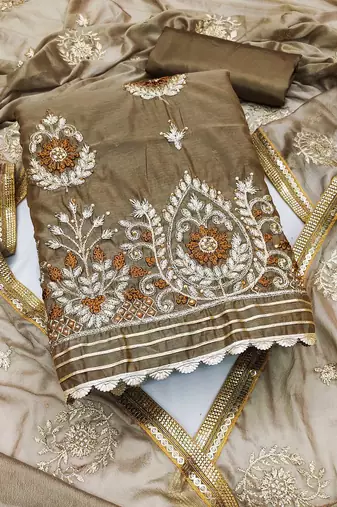 beige chanderi embroidered dress material
