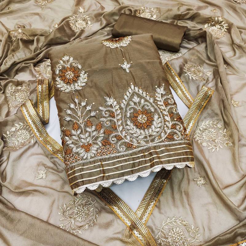 beige chanderi embroidered dress material