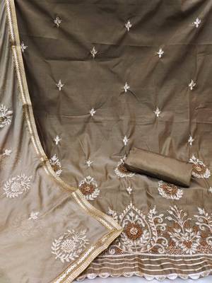 beige chanderi embroidered dress material 2