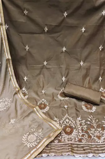 beige chanderi embroidered dress material