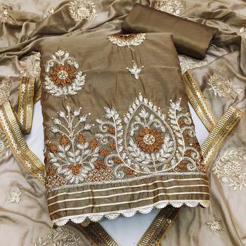 beige chanderi embroidered dress material 3