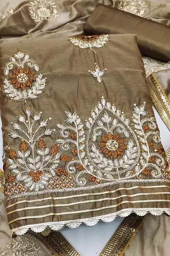 beige chanderi embroidered dress material