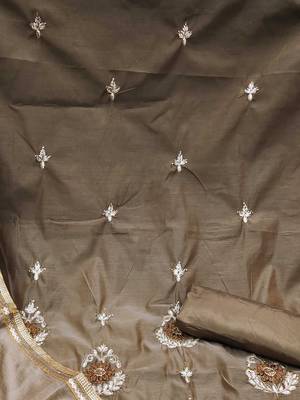 beige chanderi embroidered dress material 4