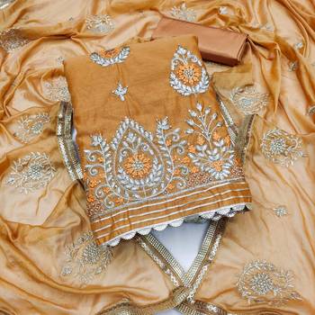 mustard chanderi embroidered dress material 1