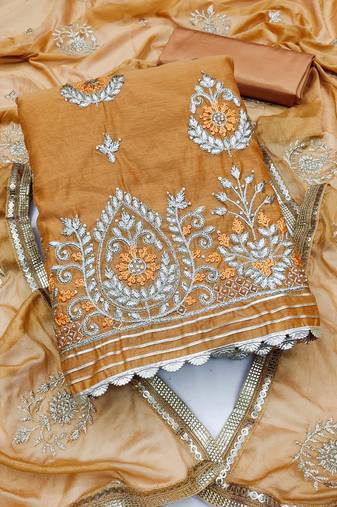 mustard chanderi embroidered dress material