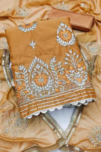 mustard chanderi embroidered dress material