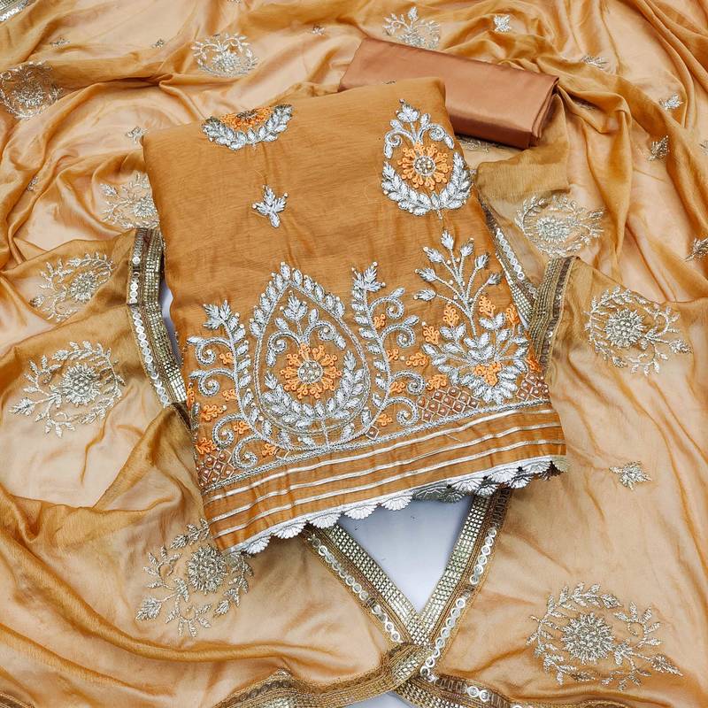 mustard chanderi embroidered dress material