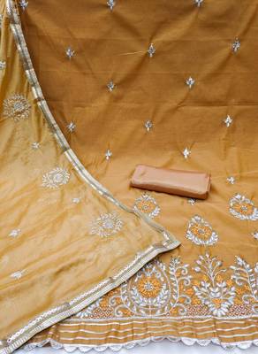 mustard chanderi embroidered dress material 2
