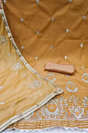 mustard chanderi embroidered dress material