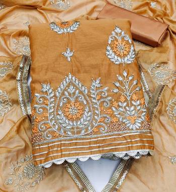 mustard chanderi embroidered dress material 3