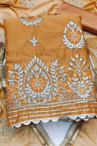 mustard chanderi embroidered dress material